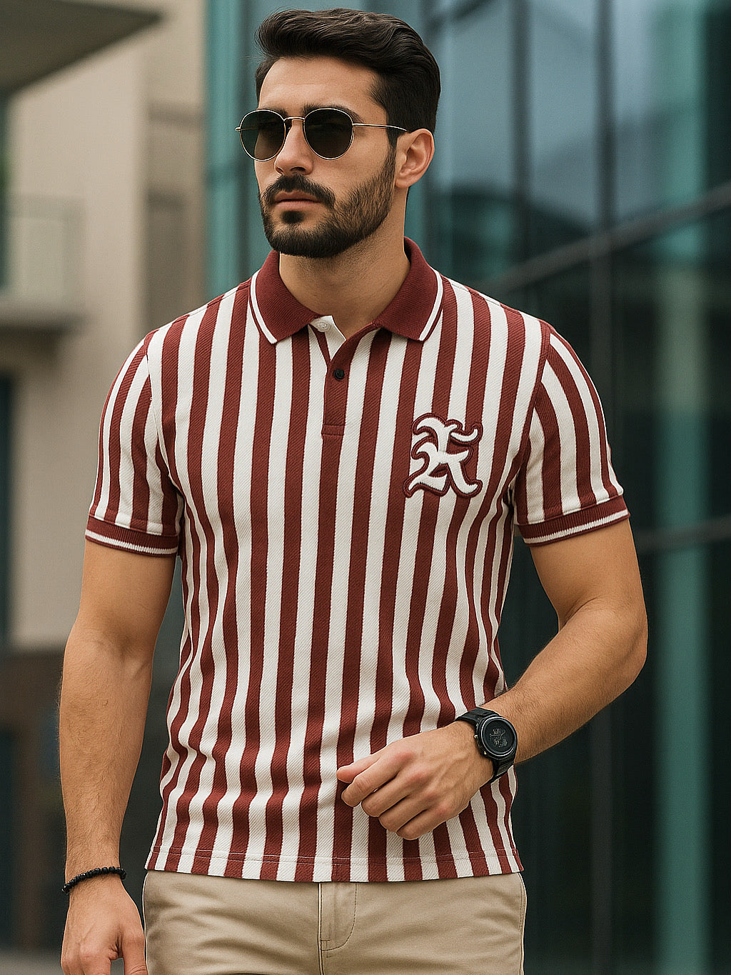 COLLAR TEE BROWN WHITE LONGITUDE STRIPPED